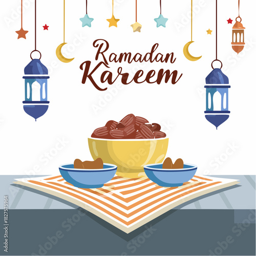 Ramadan Kareem greetings with lanterns hanging and a bowl of dates on dinner table