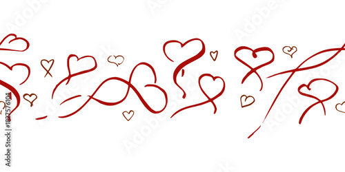 Ink hand drawn heart icons and love doodles with flowing ribbon lines in continuous horizontal strip. Seamless vector banner illustration. Valentine decor, festive border, handmade greeting element.