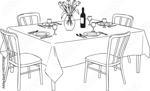 Elegant hand drawn sketch of a romantic dinner table setting with wine and flowers for two