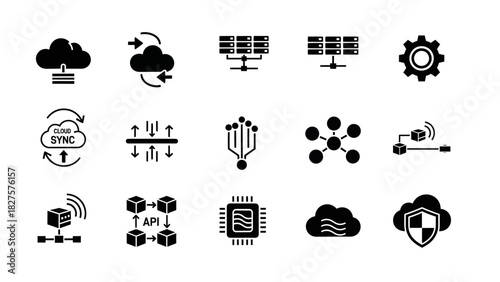 Cloud Computing and Data Technology Icon Set Network, Server, and Security Elements