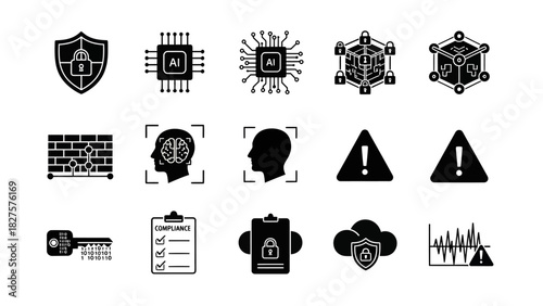 Vector icons for Artificial Intelligence, cybersecurity, and data protection. Set includes network defense, biometric security, cloud solutions, and compliance management symbols