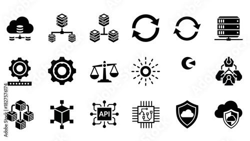 Diverse vector icon set for modern technology infrastructure, encompassing cloud data, server management, system configuration, and cybersecurity concepts