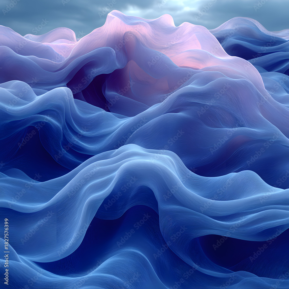 Obraz premium Ethereal blue wavy texture with subtle pink light and cloudy sky