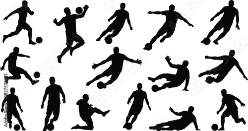 Extensive set of fifteen black vector silhouettes showcasing soccer players in dynamic action poses, including kicking, dribbling, and saving, isolated on a white background.