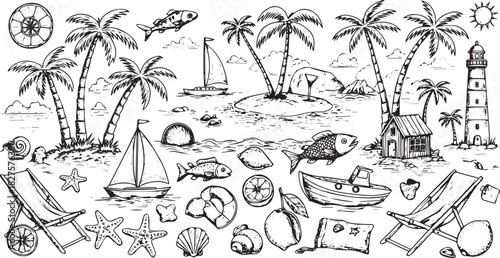 Whimsical hand drawn tropical beach scene with palm trees sailboats lighthouse and beach chairs