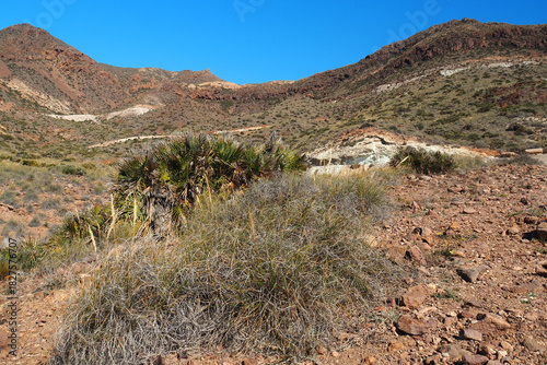 Blick auf die Berge im Naturpark Cabo de Gata-Níjar mit dem Bujo-Hügel in Andalusien, Spanien