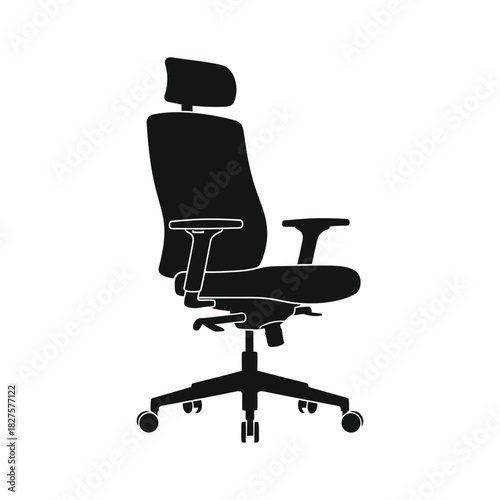 black office chair isolated, High-Back Ergonomic Office Chair Icon Vector, Adjustable Headrest Swivel Seat Silhouette, Business Furniture