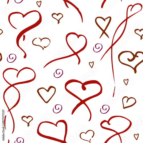 Hand drawn heart motifs with spirals and swirls traces repeating endlessly. Vector ink seamless pattern illustration. Love decor, scrapbooking set, romantic engagement or proposal gift wrap design.