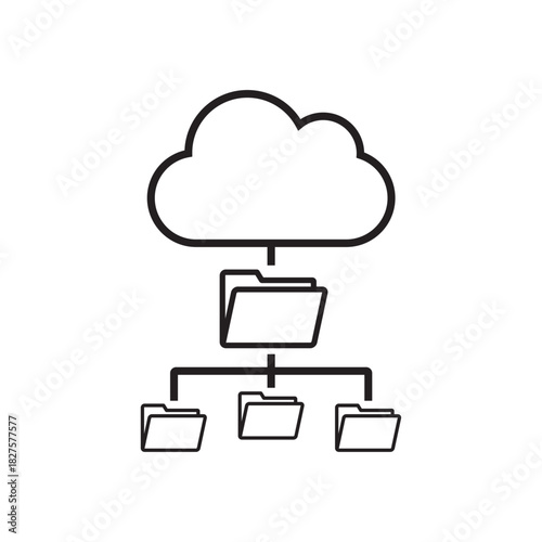 Cloud icon vector connected to hierarchical folder structure template, thin line outline, modern data organization symbol