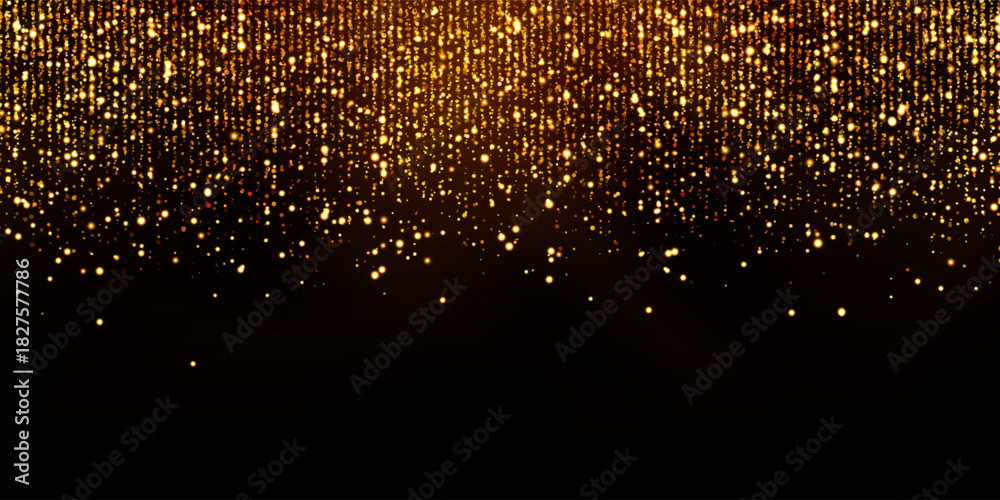 Fototapeta premium Sparkling gold strass curtain bg with glowing effect. Star shower or rain abstract vector pattern. Luxury metallic sequin background. Falling shining particles on black