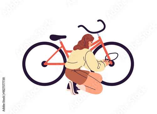 Girl leaves bike after cycling with lock for security. Young woman is parking bicycle at station in safety. Cyclist stops transport after riding at storage. Flat isolated vector illustration on white