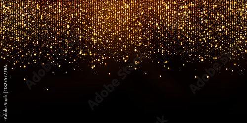 Sparkling gold strass curtain bg with glowing effect. Star shower or rain abstract vector pattern. Luxury metallic sequin background. Falling shining particles on black