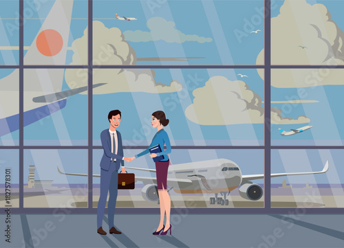 Business meeting at the airport against the backdrop of an airfield with airplanes. Vector.