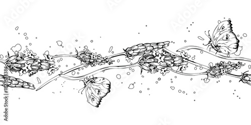 Lavandula lavender flowers in paint splatter splashes dots, flying butterfly. Isolated seamless banner illustration hand drawn in vector ink. Soap wrap, planner stickers, aromatherapy sets, textiles