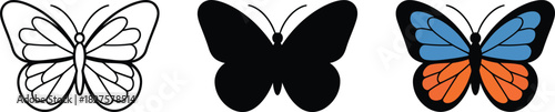 Butterfly line black silhouette and color flat design icons set insect vector illustrations