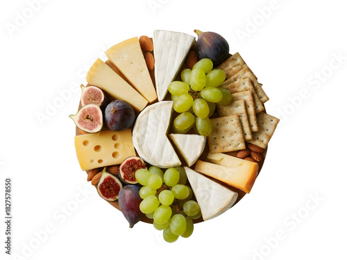 Gourmet cheese board with assorted cheeses grapes figs almonds and crackers isolated on transparent background