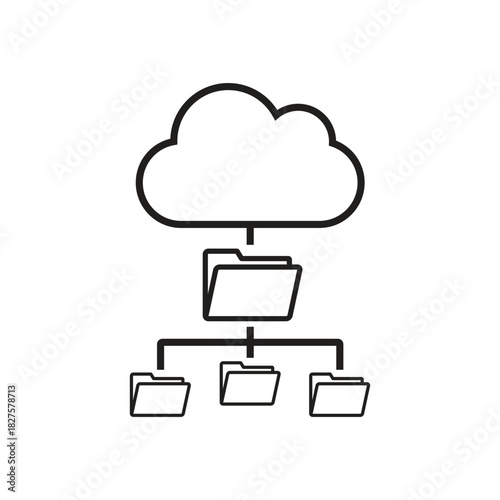 Cloud icon vector connected to hierarchical folder structure template, thin line outline, modern data organization symbol