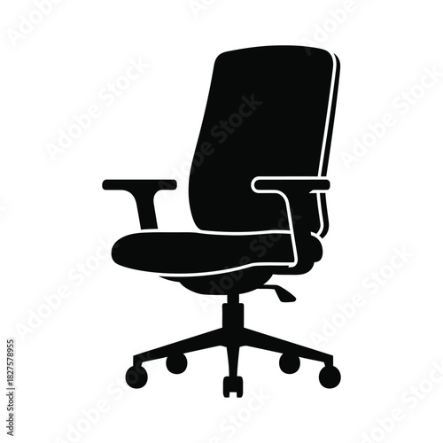 black office chair isolated, Modern Ergonomic Mesh Chair Icon Vector, High-Back Desk Seat with Armrests Silhouette, Workstation Furniture