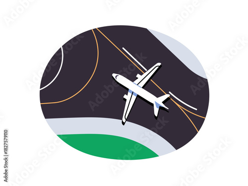 Top view of taking off aircraft on runway. Airplane is landing on airstrip in airport. Passenger plane arrived from flight. Aeroplane is on aerodrome. Flat isolated vector illustration on white