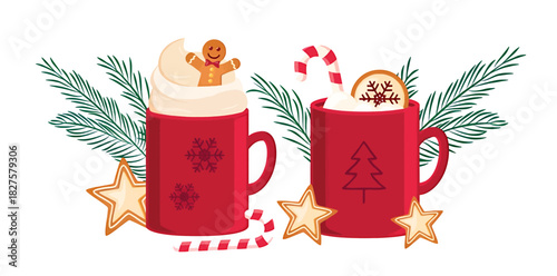 christmas winter cocoa drink cup set with gingerbread star and candy cane vector illustration EPS10