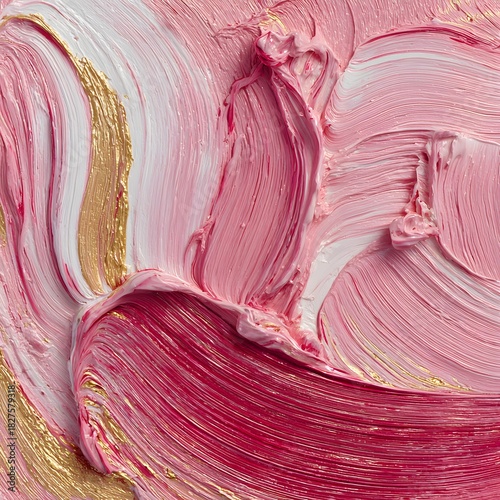 Abstract textured background with swirling brushstrokes of pink gold and white paint