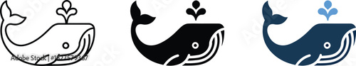 Minimalist whale icon set ocean mammal aquatic animal with spouting water from blowhole collection