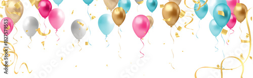 Happy birthday background with balloons and confetti. Vector Illustration