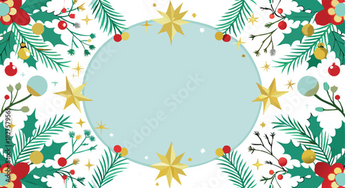Festive christmas wreath frame with holly berries pine needles and stars for holiday design