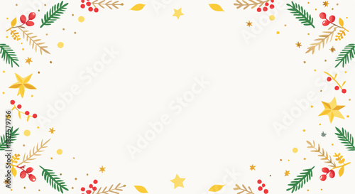 Festive christmas wreath border with evergreen fir branches and red berries on white background