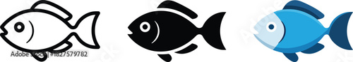 Outline simple fish icon black and white drawing for seafood or aquarium sign