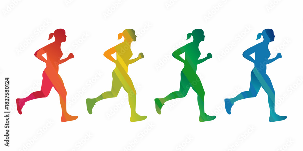Naklejka premium Colorful running woman silhouettes in a row on white background