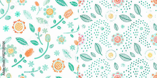 Hand drawn floral pattern with flowers leaves and dots on white
