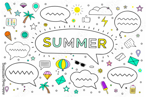 Colorful summer doodles and icons with speech bubbles sun and beach elements
