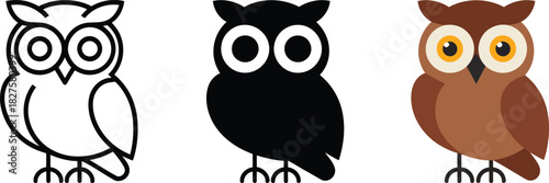 Simple line art graphic of a standing owl with large eyes and feathers nocturnal bird vector illustration element