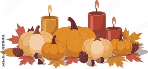 Elegant autumn centerpiece composition with beige pumpkins brown candles and pinecones decorated with fall leaves pixel art vector illustration for thanksgiving