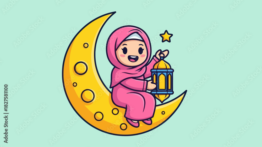 Naklejka premium A smiling cartoon girl in a pink hijab sits on a crescent moon, holding a lantern and star.