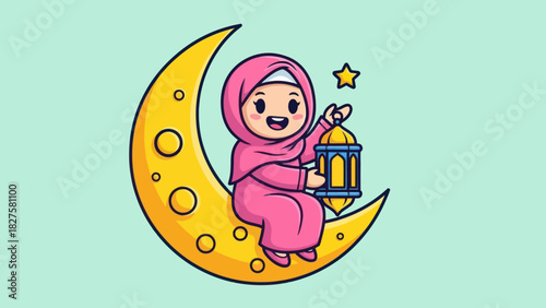 A smiling cartoon girl in a pink hijab sits on a crescent moon, holding a lantern and star.