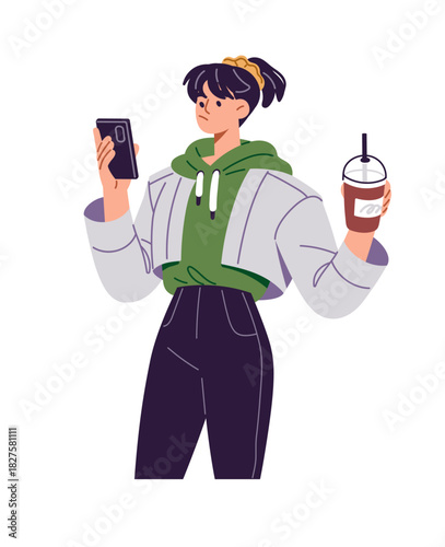 Lost girl reads online news, messages on smartphone. Young woman hold cup of coffee and with confused face scrolls social networks on phone. Flat isolated vector illustration on white background