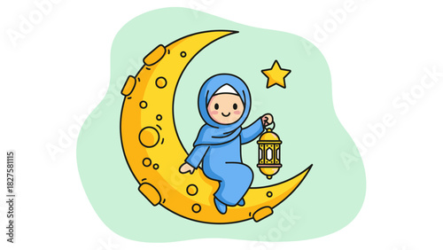 A cartoon girl wearing a hijab sits on a crescent moon holding a lantern, with a star floating nearby.