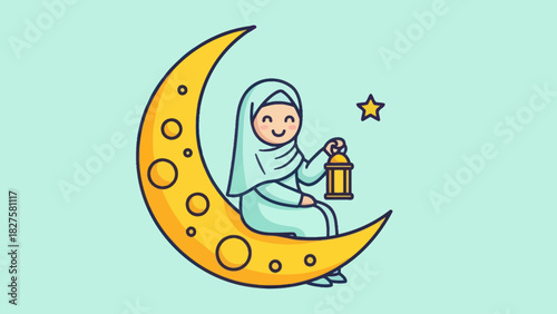 A cheerful cartoon Muslim girl wearing a hijab sits on a golden crescent moon, holding a traditional lantern, with a small star nearby.
