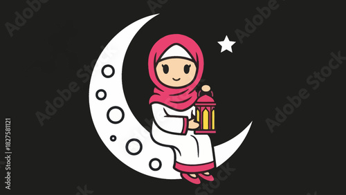 A cartoon girl in a hijab sits on a crescent moon, holding a lantern.