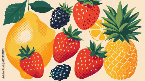 A vibrant illustration showcases a selection of fresh, colorful fruits, including strawberries, lemon, pineapple, and blackberries, perfect for health and wellness.