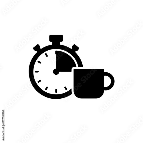 black and white icon combining a coffee cup with a stopwatch or clock. This graphic symbolizes a quick coffee break, an energy boost, or the need for precision and timing in the brewing process