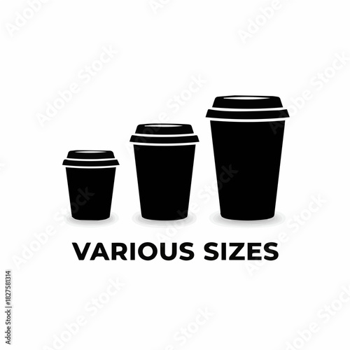black and white icon featuring three coffee cups (potentially with lids for a takeaway feel) arranged in sequential sizes: small, medium, and large. This graphic represents customer choice, variety