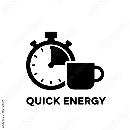 black and white icon combining a coffee cup with a stopwatch or clock. This graphic symbolizes a quick coffee break, an energy boost, or the need for precision and timing in the brewing process