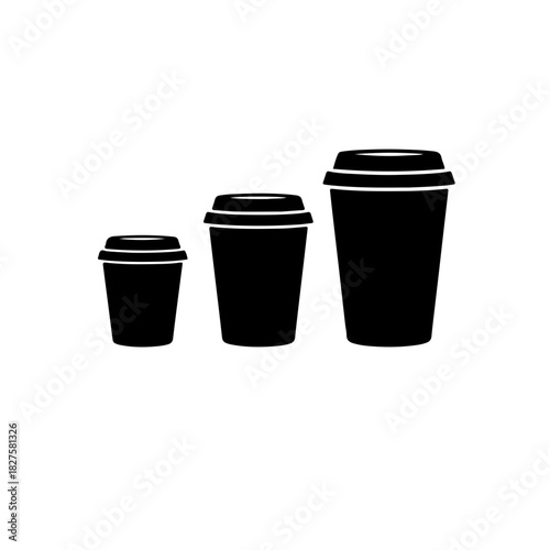 black and white icon featuring three coffee cups (potentially with lids for a takeaway feel) arranged in sequential sizes: small, medium, and large. This graphic represents customer choice, variety