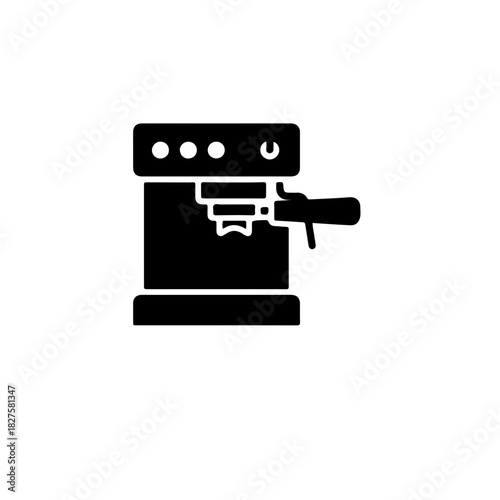 black and white silhouette of a commercial or home espresso machine. The design highlights the portafilter and controls, representing professional and concentrated coffee preparation