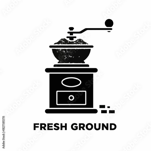 black and white icon illustrating a classic manual coffee grinder or a sleek modern electric grinder. The design focuses on the mechanism, symbolizing the fresh, essential process of grinding coffee 