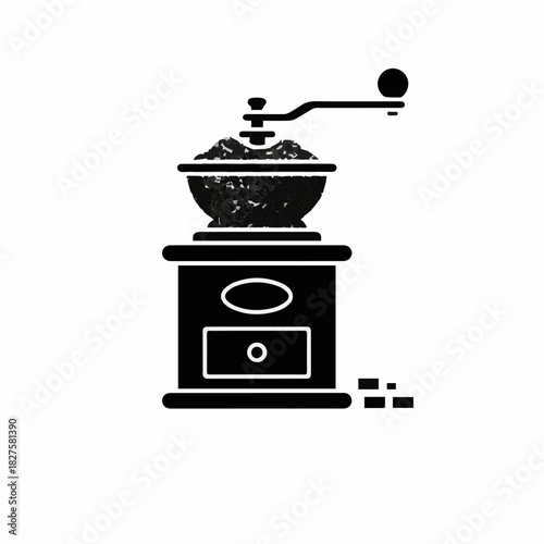 black and white icon illustrating a classic manual coffee grinder or a sleek modern electric grinder. The design focuses on the mechanism, symbolizing the fresh, essential process of grinding coffee 