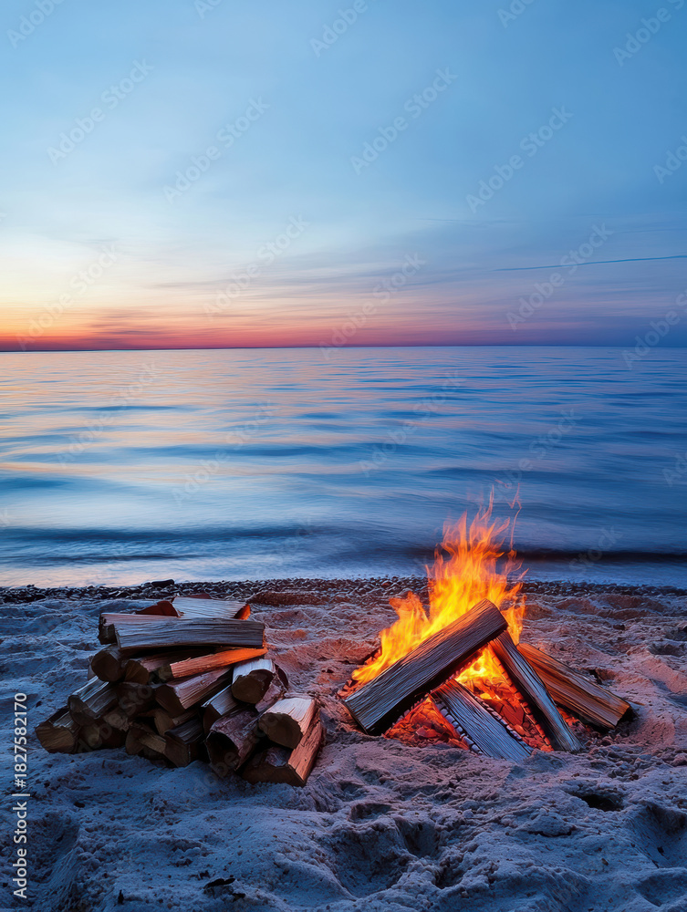 Fototapeta premium Campfire on beach at sunset with stacked firewood by the water's edge